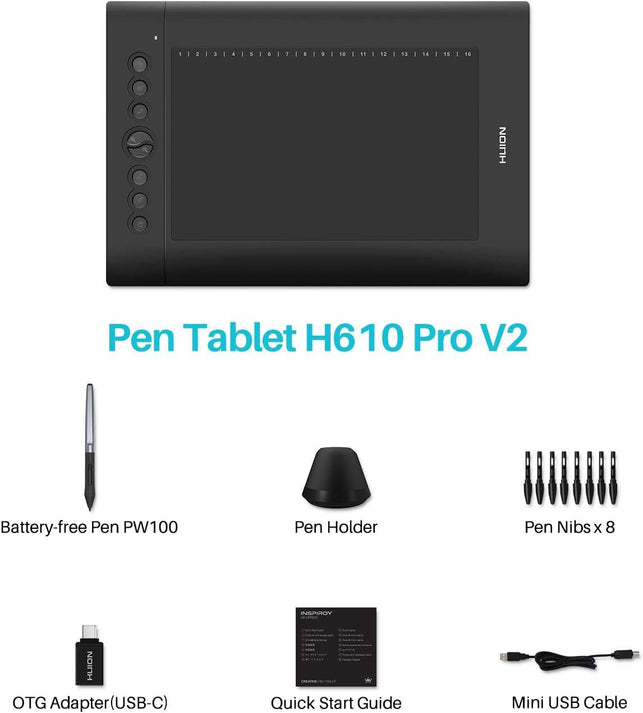HUION H610 Pro V2 Graphic Drawing Tablet Android Supported Pen Tablet Tilt Function Battery-Free Stylus 8192 Pen Pressure with 8 Express Keys
