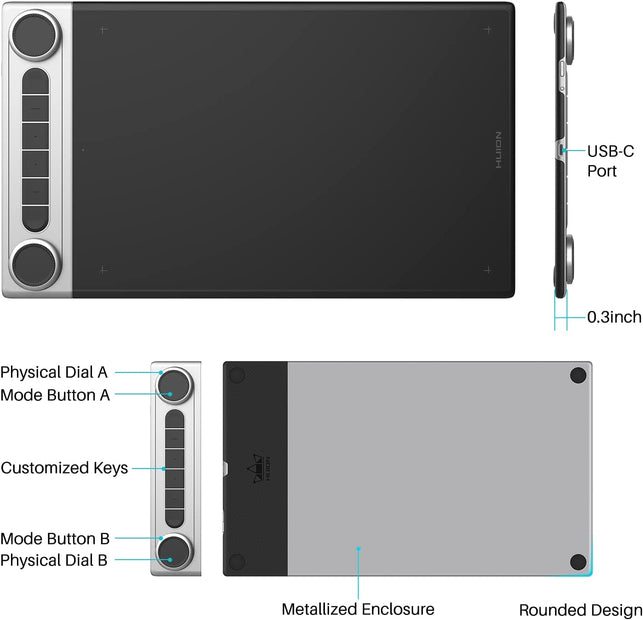 HUION Inspiroy Dial 2 Bluetooth Wireless Graphics Drawing Tablet with Dual Dials Battery-Free Stylus PW517 for Digital Art and Graphics Design, Compatible with Mac, Windows, Linux, Android