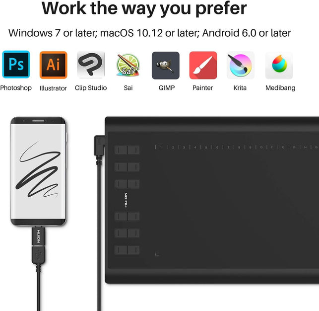 HUION Inspiroy H1060P Graphics Drawing Tablet with 8192 Pressure Sensitivity Battery-Free Stylus and 12 Customized Hot Keys, 10 X 6.25 Inches Digital Art Tablet for Mac, Windows PC and Android