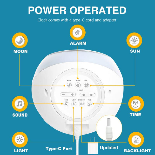 I.CODE Sun & Moon Rise Kids Alarm Clock, Children's Sleep Trainer ,Sleep Sound Machine, Wake Up Light & Night Light ,Teach Kids Day & Night