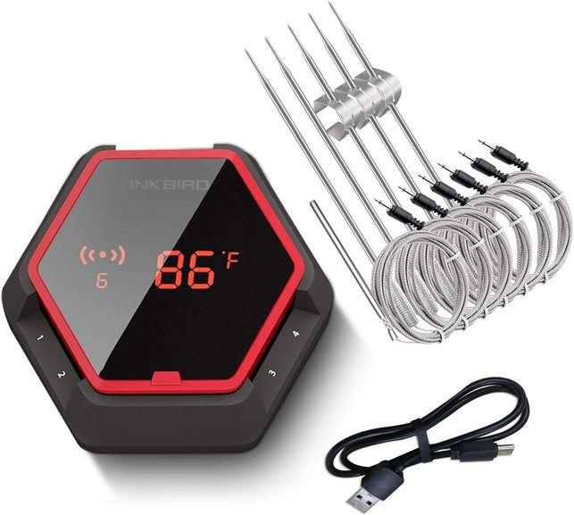Inkbird Grill Bluetooth BBQ Thermometer Wireless IBT-6XS, 6 Probes Digital Smoker Grill Thermometer for Cooking,150Ft Bluetooth Meat Thermometer, Magnet, Timer, Alarm for Kitchen, Food (Red)