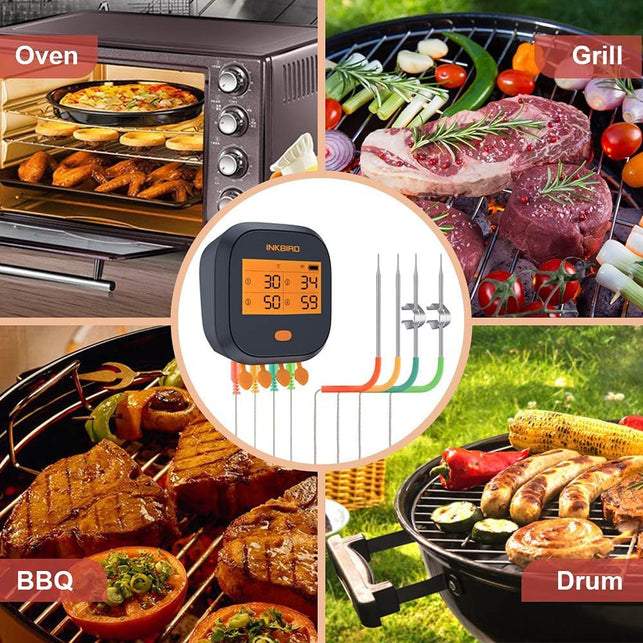 Inkbird Wifi Grill Meat Thermometer IBBQ-4T with 4 Colored Probes, Wireless Barbecue Meat Thermometer with Calibration, Timer, High and Low Temperature Alarm for Smoker, Oven, Kitchen, Drum