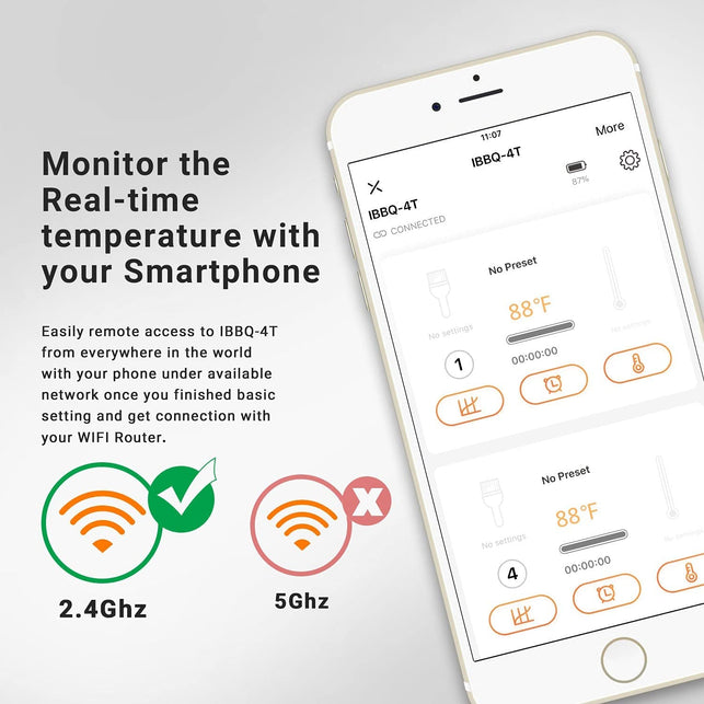 Inkbird Wifi Grill Meat Thermometer IBBQ-4T with 4 Colored Probes, Wireless Barbecue Meat Thermometer with Calibration, Timer, High and Low Temperature Alarm for Smoker, Oven, Kitchen, Drum