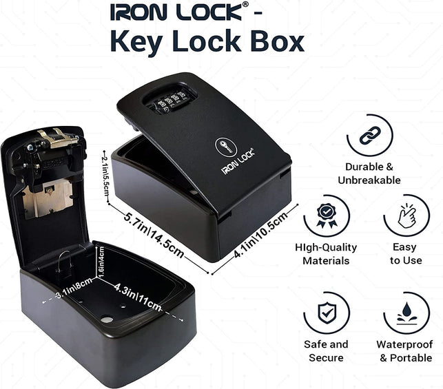 Iron Lock® - XXL Key Lock Box Wall Mount for Keys 4 Digit Combination with Resettable Code with a B Switch Extra Large Lockbox Indoor Outdoor Waterproof Big Key Lock Box House Spare Keys Hide a Key