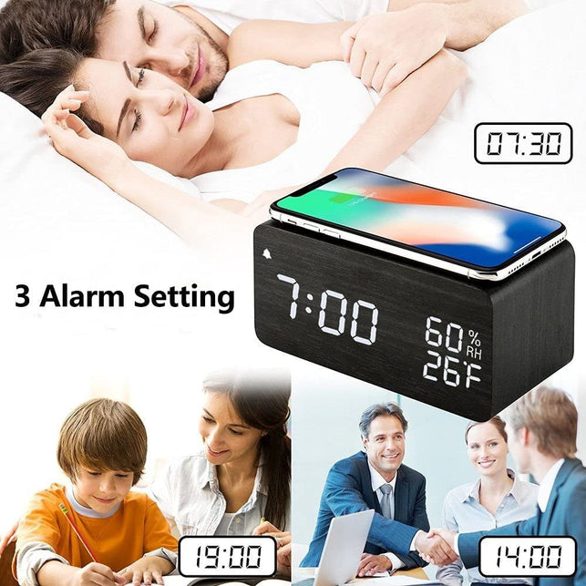 Jall Wooden Digital Alarm Clock with Wireless Charging, 3 Alarms LED Display, Sound Control and Snooze Dual for Bedroom, Bedside, Office (Black)