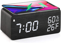 Jall Wooden Digital Alarm Clock with Wireless Charging, 3 Alarms LED Display, Sound Control and Snooze Dual for Bedroom, Bedside, Office (Black)