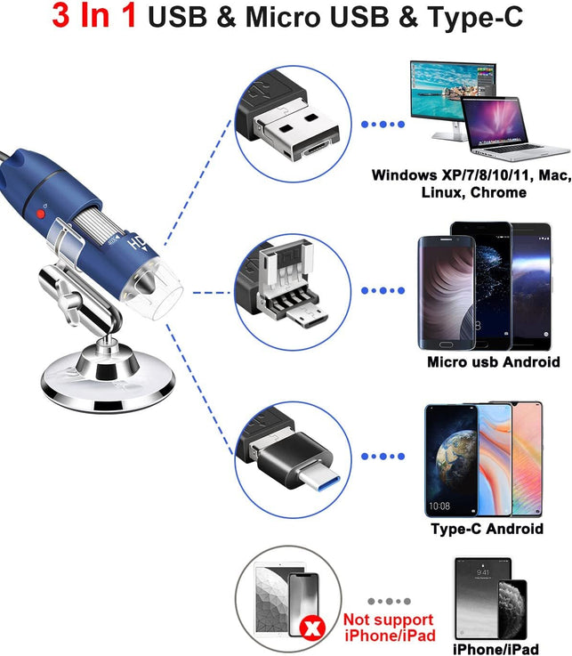 Jiusion 2K HD 2560X1440P USB Digital Microscope for Android Cellphone and Tablet Windows Mac Linux, 40X to 1000X Magnification Endoscope Handheld Mini Magnifier Camera for Coin Facial Skin Scalp