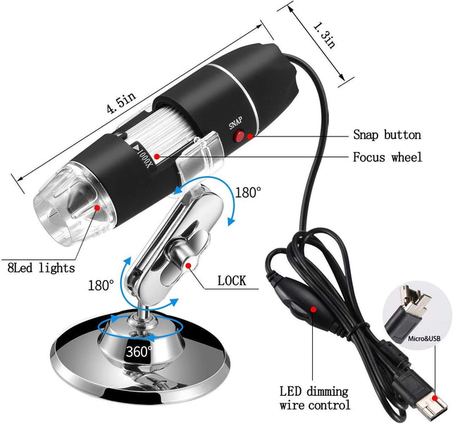 Jiusion 40 to 1000X Magnification Endoscope, 8 LED USB 2.0 Digital Microscope, Mini Camera with OTG Adapter and Metal Stand, Compatible with Mac Windows 7 8 10 11 Android Linux