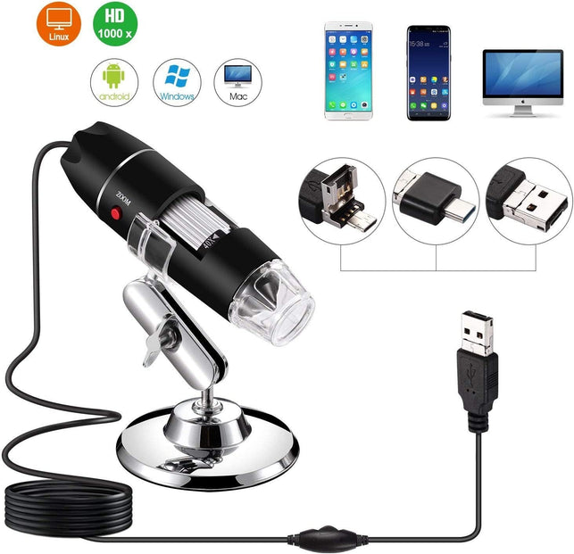 Jiusion 40 to 1000X Magnification Endoscope, 8 LED USB 2.0 Digital Microscope, Mini Camera with OTG Adapter and Metal Stand, Compatible with Mac Windows 7 8 10 11 Android Linux