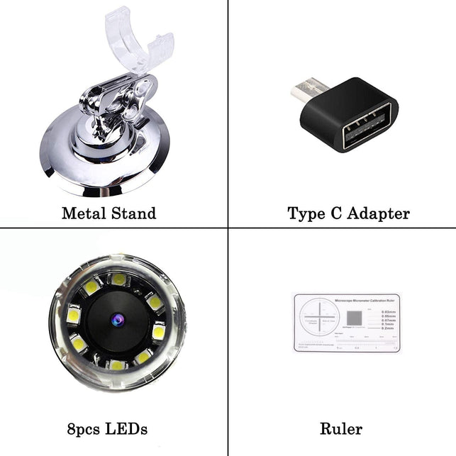 Jiusion 40 to 1000X Magnification Endoscope, 8 LED USB 2.0 Digital Microscope, Mini Camera with OTG Adapter and Metal Stand, Compatible with Mac Windows 7 8 10 11 Android Linux