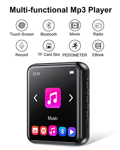 JOLIKE MP3 Player Bluetooth 5.0 Touch Screen Music Player Portable mp3 Player with Speakers high Fidelity Lossless Sound Quality mp3 FM Radio Recording e-Book 1.8 inch Screen MP3 Player Support (128GB)