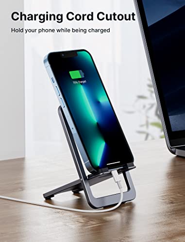 JSAUX Cell Phone Stand, Foldable Aluminum Adjustable Phone Holder for Desk Portable Travel Holder Office Desk Accessories Compatible for iPhone 14 13 12 11 Pro Max X Xr Samsung S22 S21 A53 Grey