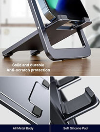 JSAUX Cell Phone Stand, Foldable Aluminum Adjustable Phone Holder for Desk Portable Travel Holder Office Desk Accessories Compatible for iPhone 14 13 12 11 Pro Max X Xr Samsung S22 S21 A53 Grey