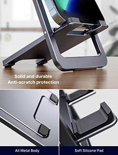 JSAUX Cell Phone Stand, Foldable Aluminum Adjustable Phone Holder for Desk Portable Travel Holder Office Desk Accessories Compatible for iPhone 14 13 12 11 Pro Max X Xr Samsung S22 S21 A53 Grey