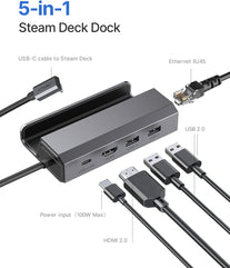 JSAUX Docking Station Compatible with Steam Deck, 5-In-1 Steam Deck Dock with HDMI 2.0 4K@60Hz, 100Mbps Ethernet, Dual USB-A 2.0 and Full Speed Charging USB-C Port for Valve Steam Deck-Hb0602