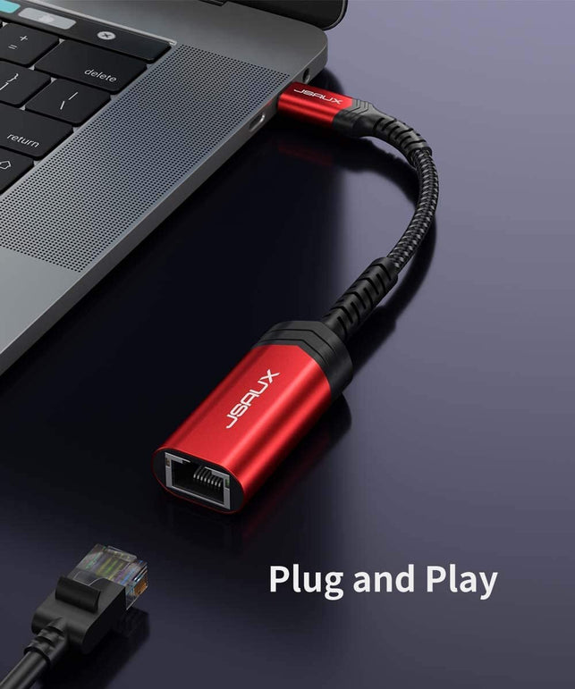 JSAUX USB C to Ethernet Adapter, JSAUX USB-C to RJ45 Thunderbolt 3/Type C to Gigabit Ethernet LAN Network Adapter Compatible with Ipad Pro 2021, Imac, Macbook Pro 2020/2019, Macbook Air, Dell and More-Red