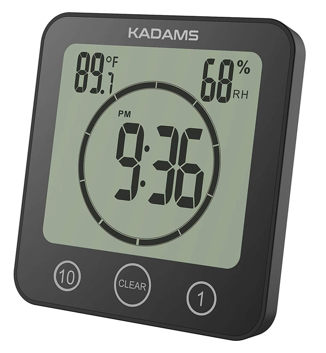 KADAMS Digital Clock Timer with Alarm, Waterproof for Water Spray for Bathroom Shower Kitchen, Touch Screen Timer, Temperature Humidity Display, Sucti