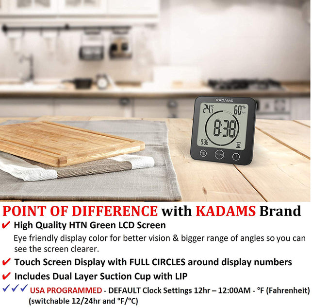 KADAMS Digital Clock Timer with Alarm, Waterproof for Water Spray for Bathroom Shower Kitchen, Touch Screen Timer, Temperature Humidity Display, Sucti