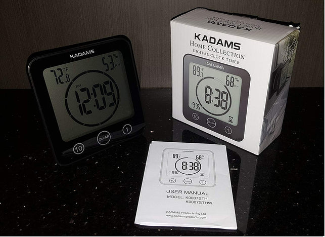 KADAMS Digital Clock Timer with Alarm, Waterproof for Water Spray for Bathroom Shower Kitchen, Touch Screen Timer, Temperature Humidity Display, Sucti