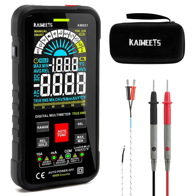 KAIWEETS Digital Multimeter Voltmeter Smart Electrical Tester Measures Voltage Current Resistance Continuity Duty-Cycle Capacitance Temperature Frequency Auto Ranging 10000 Counts TRMS