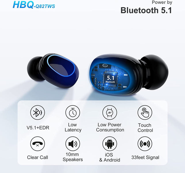 Kinganda Bluetooth Headphones True Wireless Earbuds Touch Control with LED Charging Case IPX7 Waterproof Stereo in Ear Earphones Bluetooth 5.1 Deep Bass Sports Ear Buds with Built-In Mic Blue