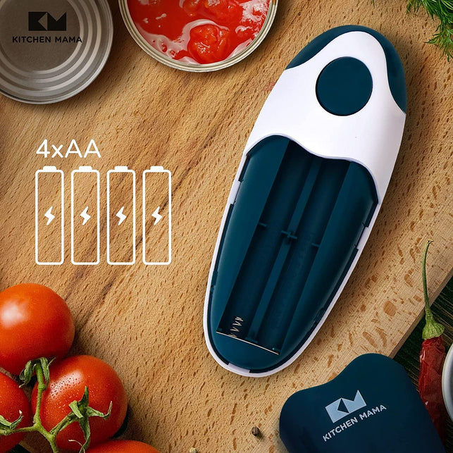 Kitchen Mama Electric Can Opener 2.0: Upgraded Blade Opens Any Can Shape - Smooth Edge, Food-Safe, Handy with Lid Lift, Battery Operated Handheld Can Opener (Navy Blue)