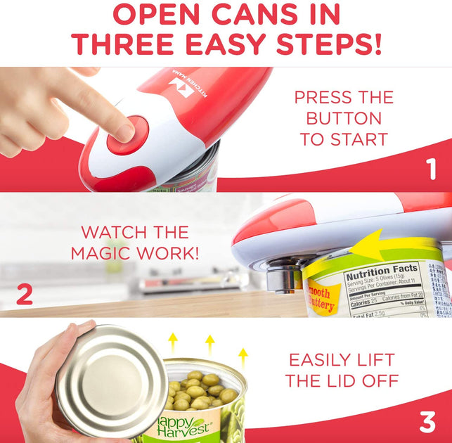 Kitchen Mama Electric Can Opener: Open Your Cans with A Simple Push of Button - No Sharp Edge, Food-Safe and Battery Operated Handheld Can Opener(Red)