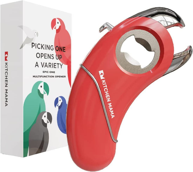 Kitchen Mama Epic One Multifunction Opener: a Pick Ergonomic Opener- Magnetic Bottle Opener, Beer & Soda Can Opener, Pull Tab Opener, Jar Opener for Weak Hands and Arthritis, Funny Gift (Red)