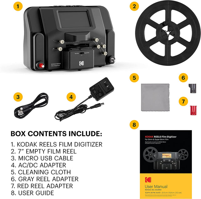 KODAK REELS 8Mm & Super 8 Films Digitizer Converter with Big 5” Screen, Scanner Converts Film Frame by to Digital MP4 Files for Viewing, Sharing Saving on SD Card 3” 4” 7” and 9” Black