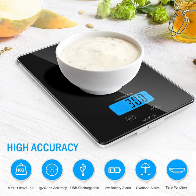 KOIOS Food Scale, 33Lb/15Kg Digital Kitchen Scale for Food Ounces and Grams Cooking Baking, 1G/0.1Oz Precise Graduation, Waterproof Tempered Glass, USB Rechargeable, 6 Weight Units, Tare Function