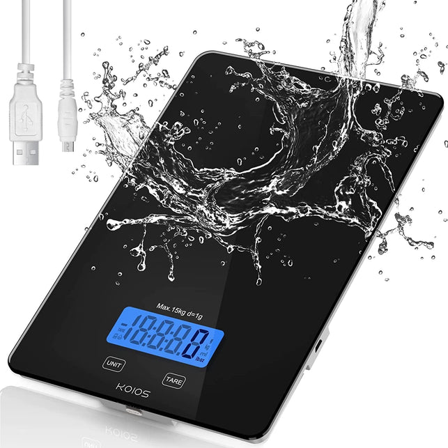 KOIOS Food Scale, 33Lb/15Kg Digital Kitchen Scale for Food Ounces and Grams Cooking Baking, 1G/0.1Oz Precise Graduation, Waterproof Tempered Glass, USB Rechargeable, 6 Weight Units, Tare Function