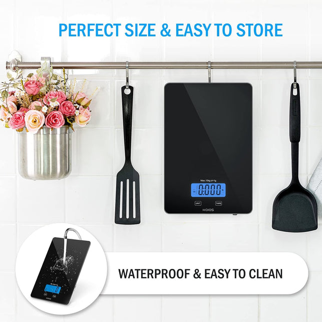 KOIOS Food Scale, 33Lb/15Kg Digital Kitchen Scale for Food Ounces and Grams Cooking Baking, 1G/0.1Oz Precise Graduation, Waterproof Tempered Glass, USB Rechargeable, 6 Weight Units, Tare Function