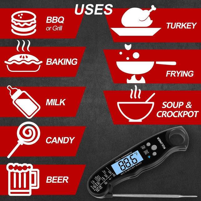 KULUNER TP-01 Waterproof Digital Instant Read Meat Thermometer with 4.6” Folding Probe Backlight & Calibration Function for Cooking Food Candy, BBQ Grill, Liquids,Beef(Black)