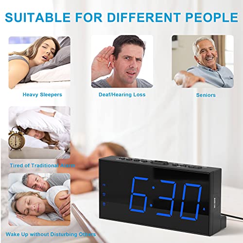 Meqool Loud Alarm Clock for Heavy Sleepers,Vibrating Alarm Clock for Hearing Impaired Deaf,Annoying Alarm Clock,USB Port,Dual Alarm with Snooze,7" Large Dimmable LED Display,Battery Backup,Easy to Use,DST