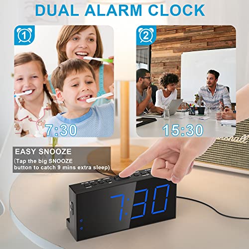 Meqool Loud Alarm Clock for Heavy Sleepers,Vibrating Alarm Clock for Hearing Impaired Deaf,Annoying Alarm Clock,USB Port,Dual Alarm with Snooze,7" Large Dimmable LED Display,Battery Backup,Easy to Use,DST