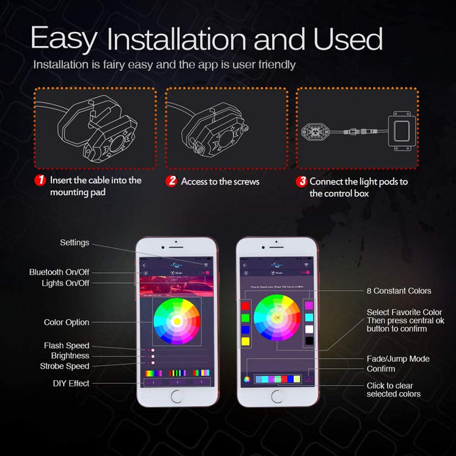 MICTUNING 2nd-Gen RGB LED Rock Lights with Bluetooth Controller, Timing Function, Music Mode - 4 Pods Multicolor Neon LED Light Kit