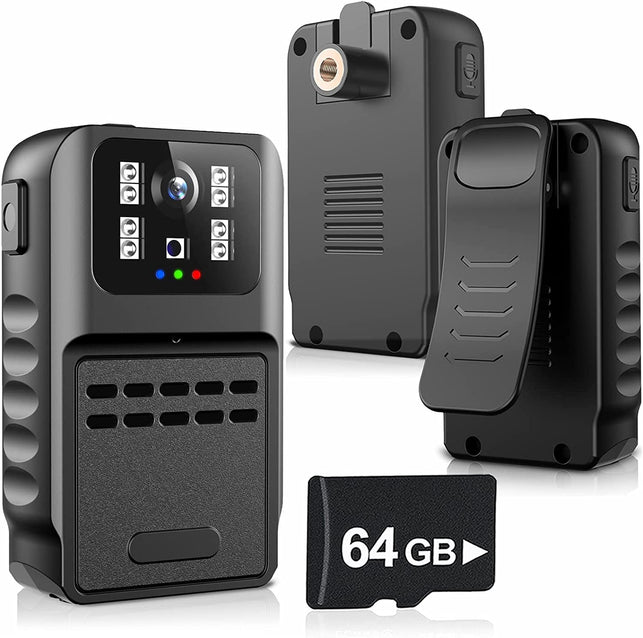 Mini Body Camera Video Recorder 1290×1080HD 64GB Memory Card Waterproof Body Cam with Auto Night Vision and Audio Sound Police Cams Wearable Portable for Home, Outdoor, Law Enforcement, Security Guard