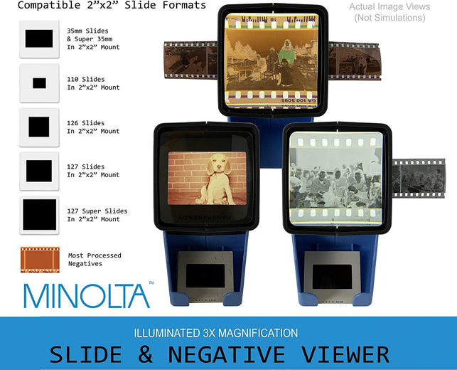 MINOLTA 35Mm Desk Top Portable LED Slide and Negative Viewer Luminated 3X Magnify – for 2"X2" Slides & Positive Negatives - Worldwide AC Adapter & Plugs, Battery Operation & Cloth