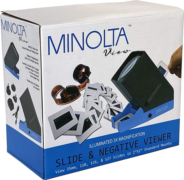 MINOLTA 35Mm Desk Top Portable LED Slide and Negative Viewer Luminated 3X Magnify – for 2"X2" Slides & Positive Negatives - Worldwide AC Adapter & Plugs, Battery Operation & Cloth