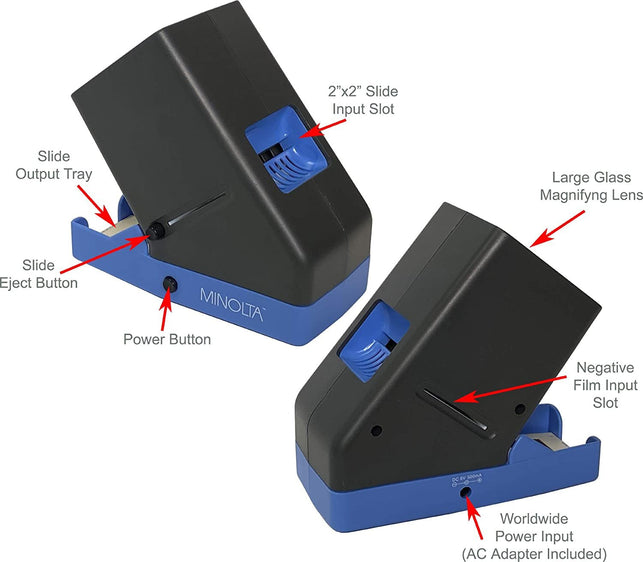 MINOLTA 35Mm Desk Top Portable LED Slide and Negative Viewer Luminated 3X Magnify – for 2"X2" Slides & Positive Negatives - Worldwide AC Adapter & Plugs, Battery Operation & Cloth