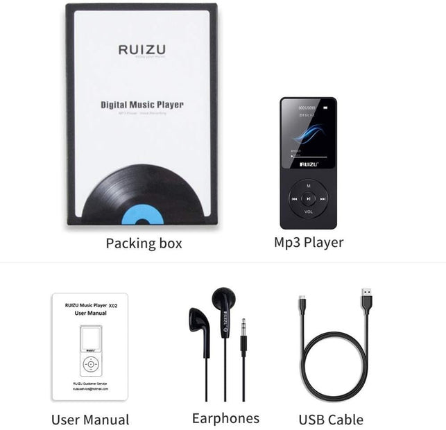 Mp3 Player,RUIZU X02 16GB Ultra Slim Music Player,Long Battery Life Mp3 with FM Radio, Voice Recorder, Video Play, Text Reading, 80 Hours Playback and Expandable Up to 128 GB (Black)