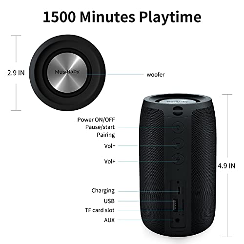 MusiBaby luetooth Speakers,MusiBaby Speaker,Outdoor, Portable,Waterproof,Wireless Speaker,Dual Pairing, Bluetooth 5.0,Loud Stereo,Booming Bass,1500 Mins Playtime for Home,Party (Black, M68)