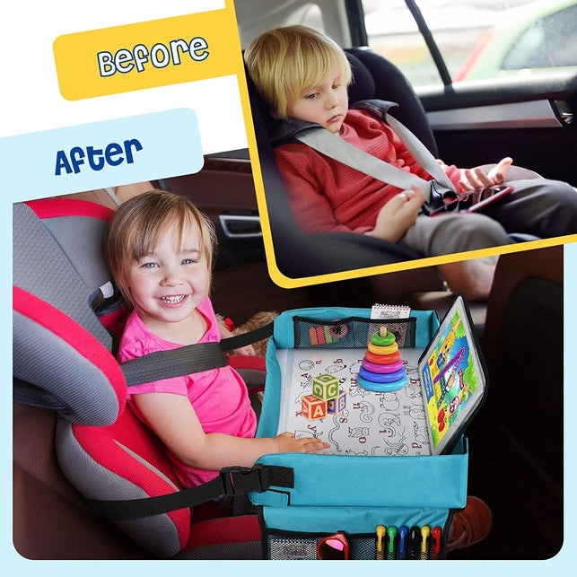[New Version] BUENAVO Car Seat Organizer Kids Travel Tray for Kids Toddlers Activities in Car Seat, Stroller, Airplane | Touch Screen Ipad Holder | Waterproof Dry Erase Top | Side Pocket & Water Bottle Holder