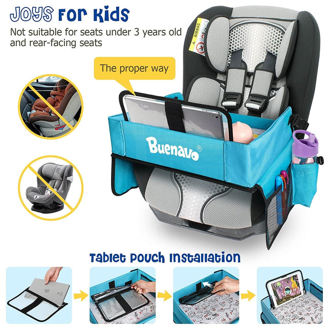 [New Version] BUENAVO Car Seat Organizer Kids Travel Tray for Kids Toddlers Activities in Car Seat, Stroller, Airplane | Touch Screen Ipad Holder | Waterproof Dry Erase Top | Side Pocket & Water Bottle Holder