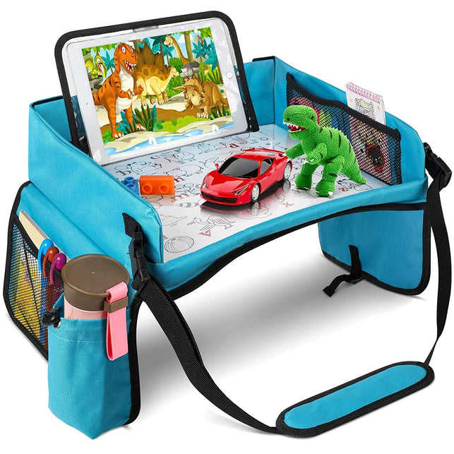 [New Version] BUENAVO Car Seat Organizer Kids Travel Tray for Kids Toddlers Activities in Car Seat, Stroller, Airplane | Touch Screen Ipad Holder | Waterproof Dry Erase Top | Side Pocket & Water Bottle Holder