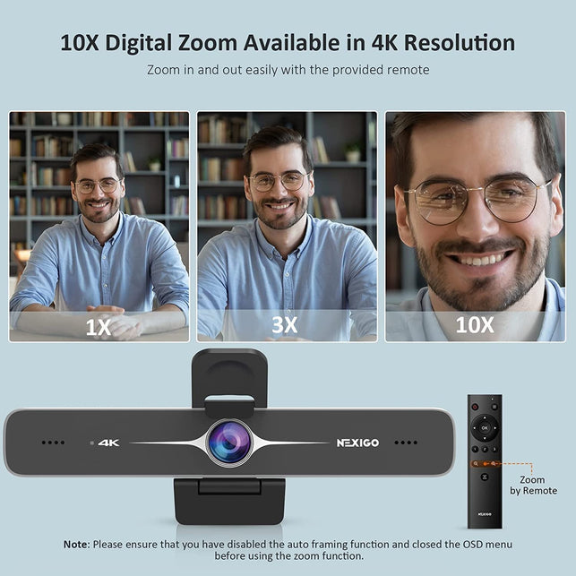 Nexigo Zoom Certified, N970P 4K Webcam, Onboard Flash Memory, Al-Powered Auto-Framing, Adjutable Field of View, Sony Sensor, Dual AI Noise-Cancelling Mics, Works with Teams/Zoom/Webex/Google