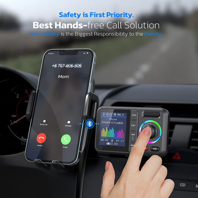 Nulaxy Bluetooth FM Transmitter for Car, Wireless Car Bluetooth Adapter V5.0 with Big Color Screen, Support Hands-Free Call, Siri&Google, MP3 Music Player BASS&TRE Booster, TF Card/Aux-Km28