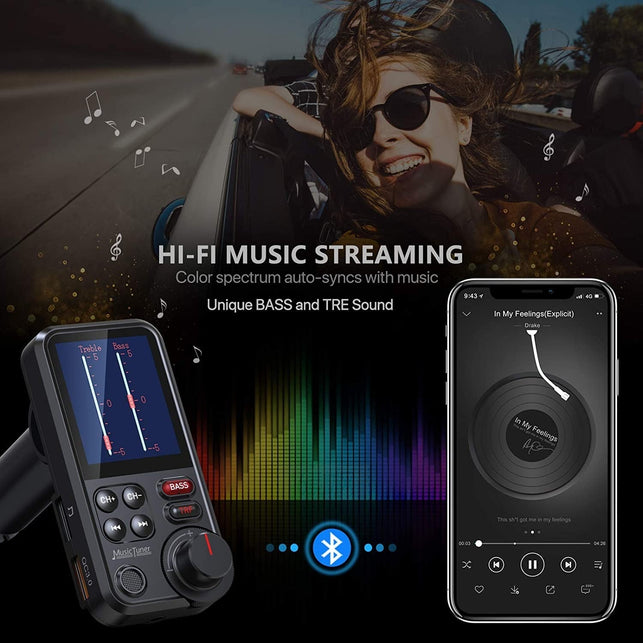 Nulaxy FM Bluetooth Transmitter for car, Strong Microphone Bluetooth Car Radio Adapter with 1.8" Color Screen for Hands Free Calls, Supports QC3.0 Cha