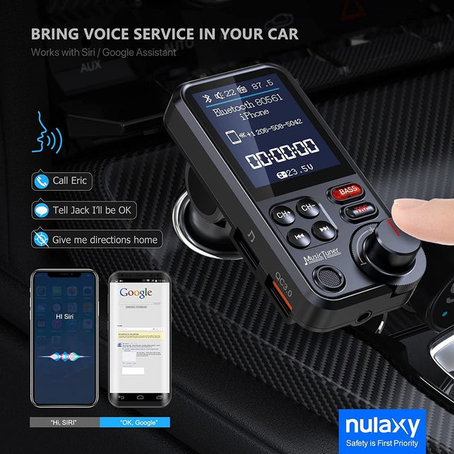 Nulaxy FM Bluetooth Transmitter for car, Strong Microphone Bluetooth Car Radio Adapter with 1.8" Color Screen for Hands Free Calls, Supports QC3.0 Cha