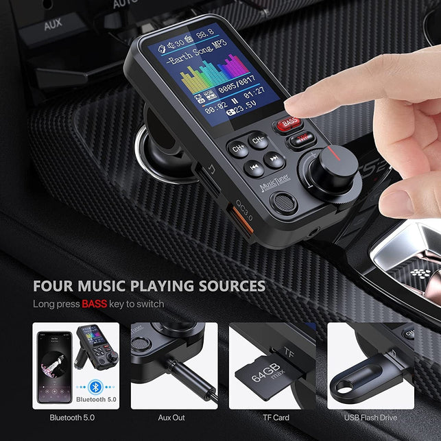 Nulaxy FM Bluetooth Transmitter for car, Strong Microphone Bluetooth Car Radio Adapter with 1.8" Color Screen for Hands Free Calls, Supports QC3.0 Cha